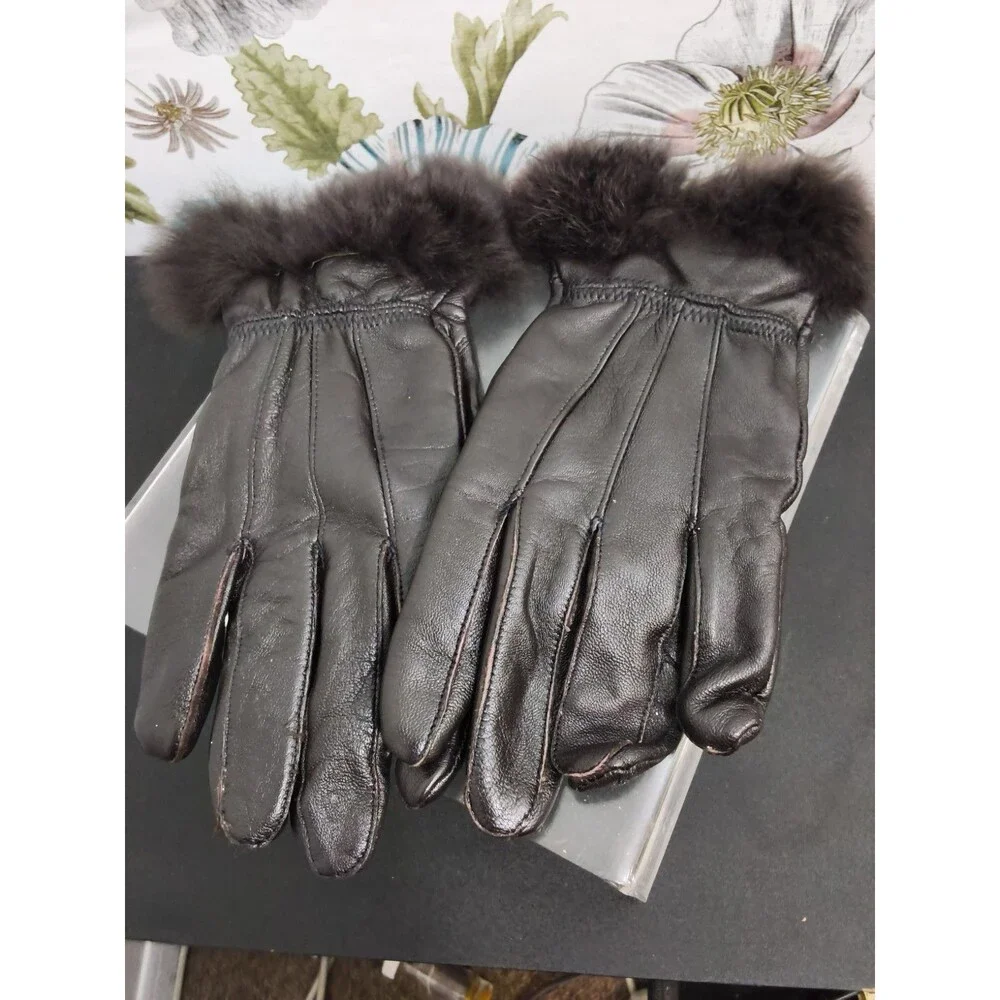 Women Leather Gloves with Fur Trim